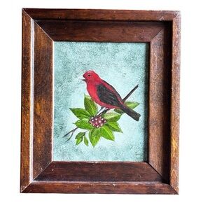Scarlet tanager framed art signed by “Lee” wood frame painting red Vtg nature